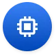 White microchip icon centered on a blue circular button with slight shadow.
