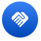 White handshake icon inside a blue circular button with a subtle shadow.