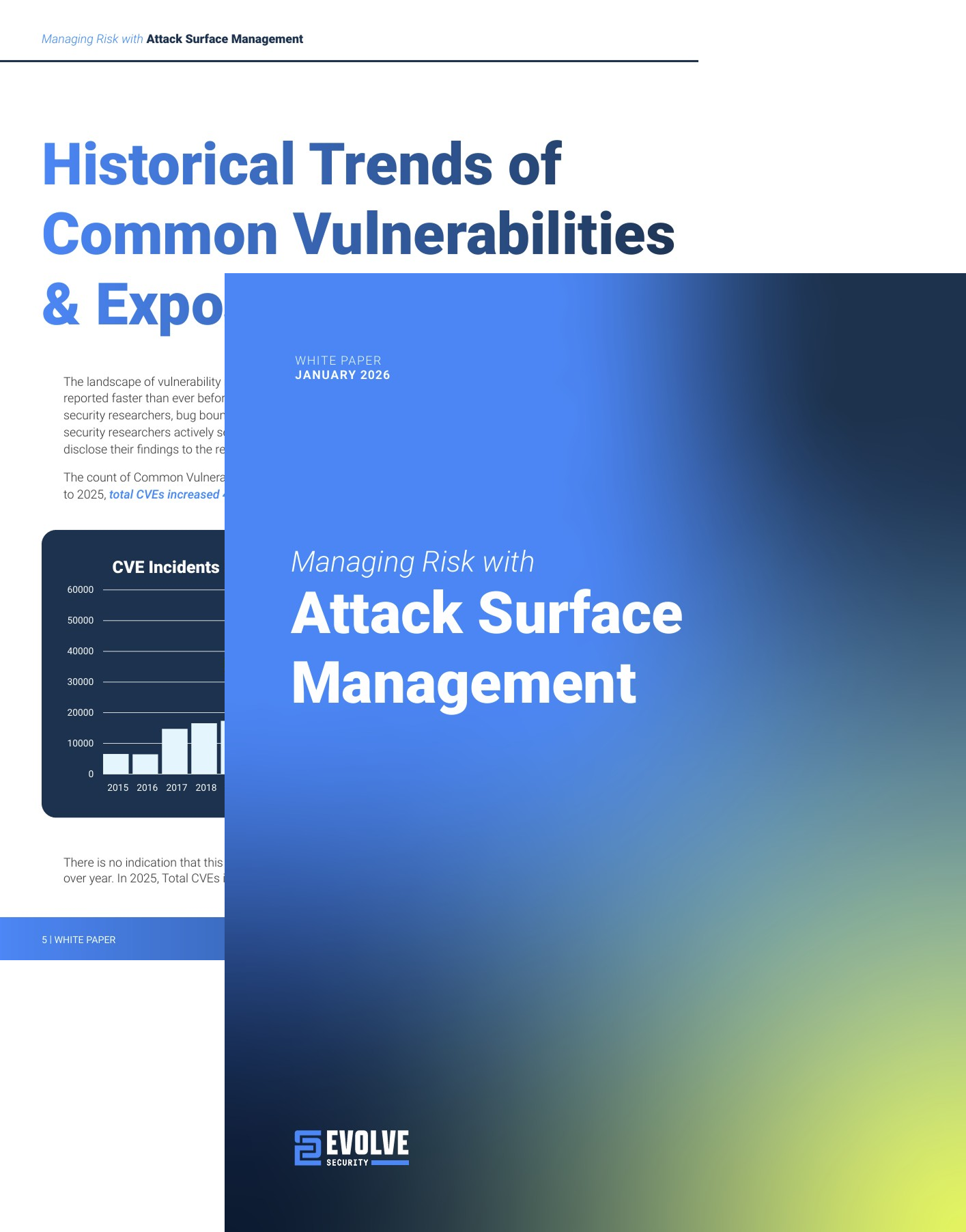 Cover of a white paper titled 'Managing Risk with Attack Surface Management' dated January 2026, with a blue and gradient background and Evolve Security logo.