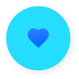 Blue heart icon centered on a bright cyan circular background with a soft shadow.