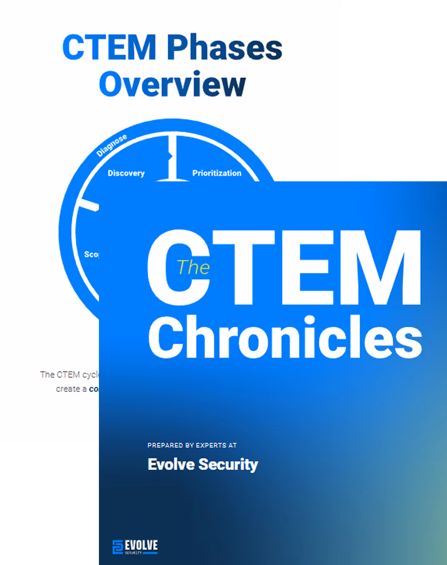 Cover of The CTEM Chronicles eBook by Evolve Security with a blue gradient background partially overlaying a CTEM Phases Overview diagram.