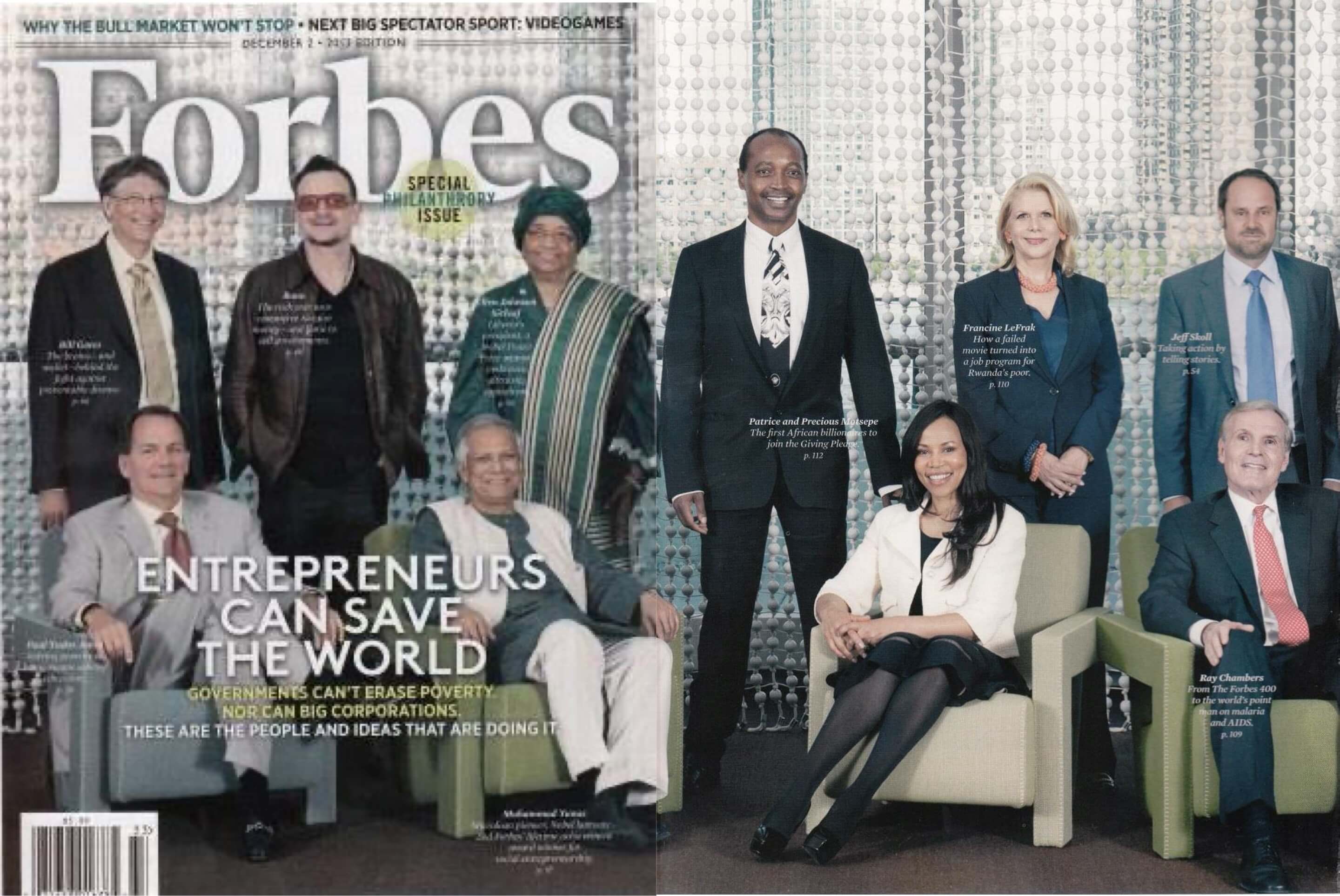 Forbes magazine cover featuring Francine A. LeFrak, entrepreneurs and philanthropists together as 'Entrepreneurs Can Save The World.'