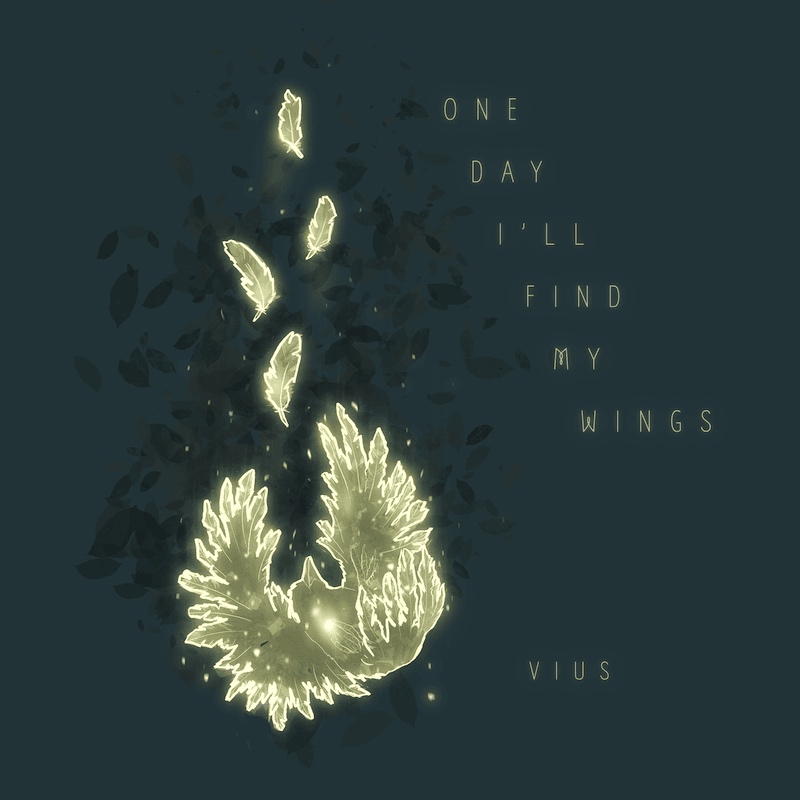 Cover art for the piece "One Day I'll Find My Wings," depicting a glowing bird falling from the sky, leaving its feathers behind.