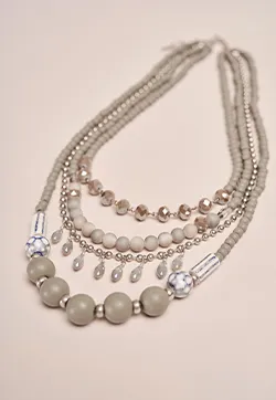 Long Grey Statement Multi Row Necklace