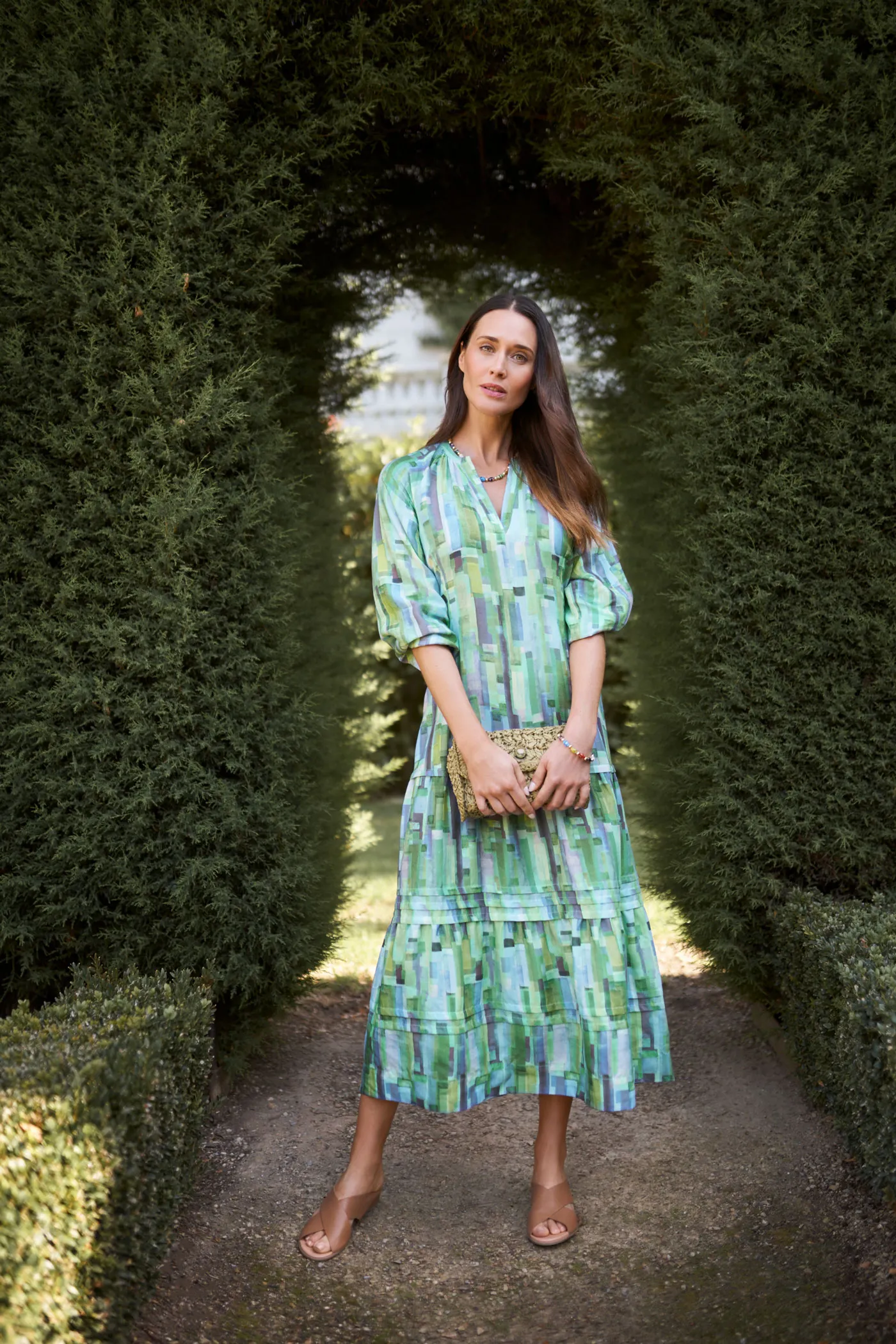 Tiered Maxi Dress + Harli Cross Strap + Le Croissant Beaded Purse