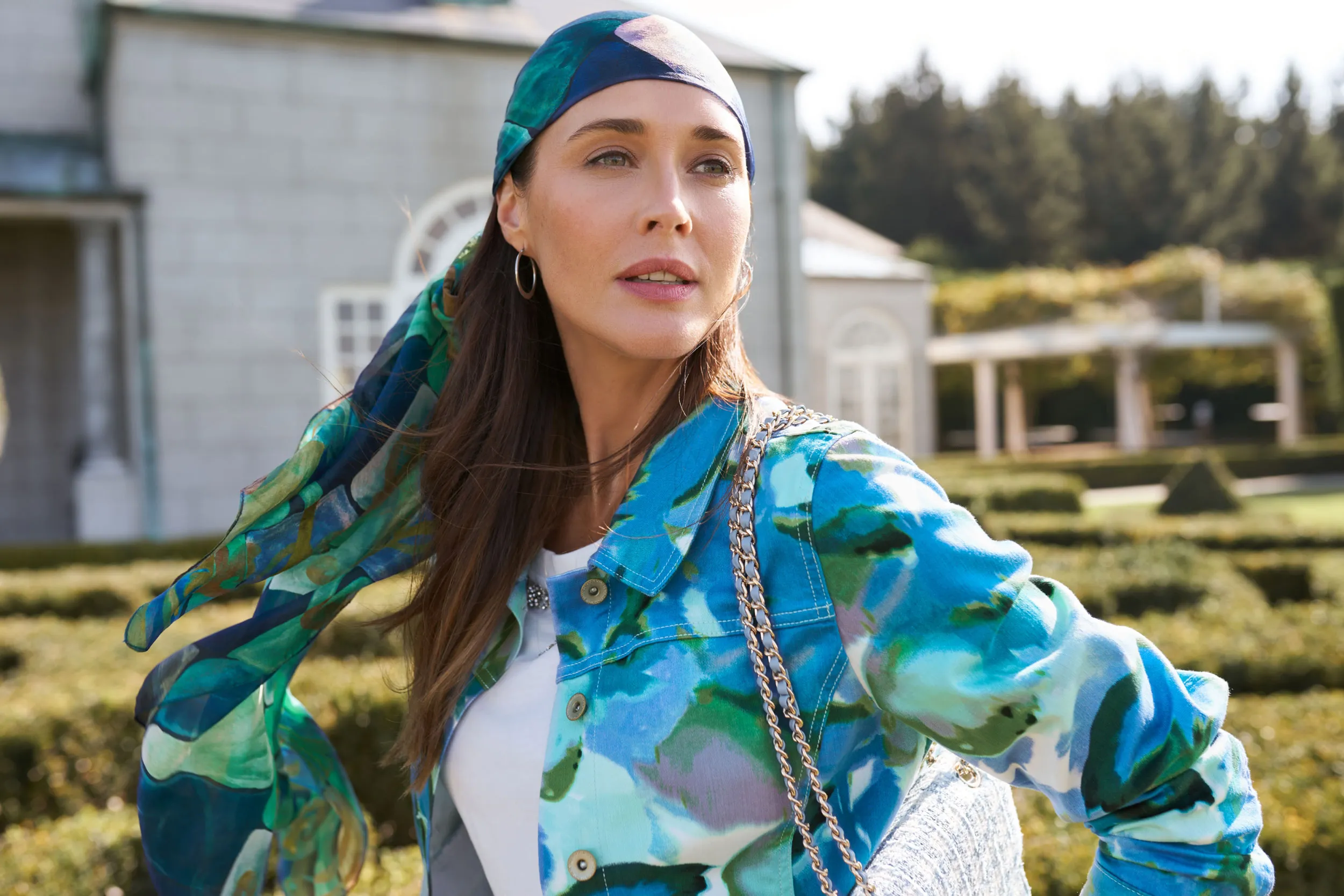 Timeless Denim Jacket + Embellished Cotton T-Shirt + Bengajean® Cashmere Feel + Carrelage Silk Scarf + Gabrielle Crossbody Bag + Navy Suede Loafer