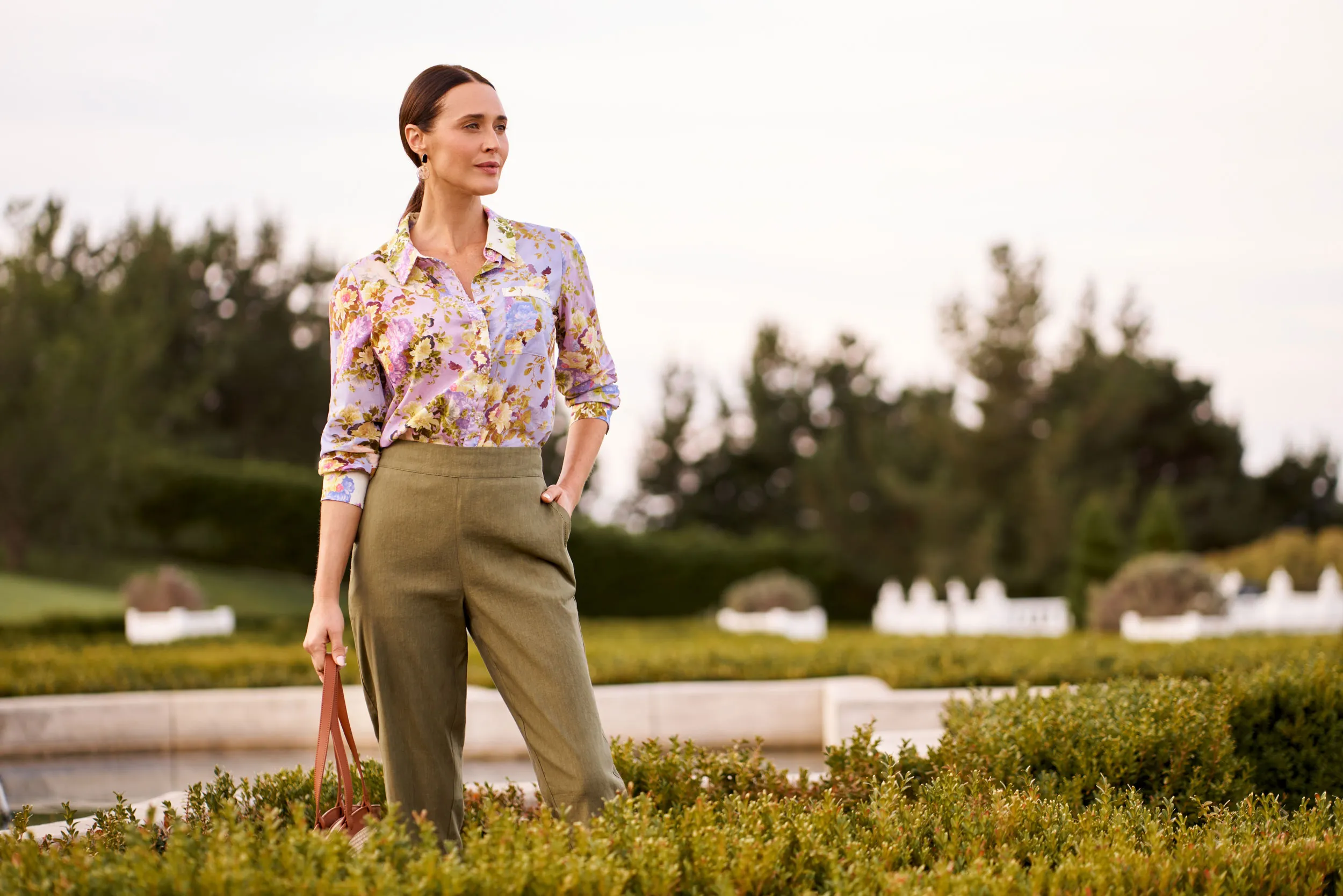 Beaded Mixed Print Shirt + 7/8 Tapered Pant + Woven Basket Tote