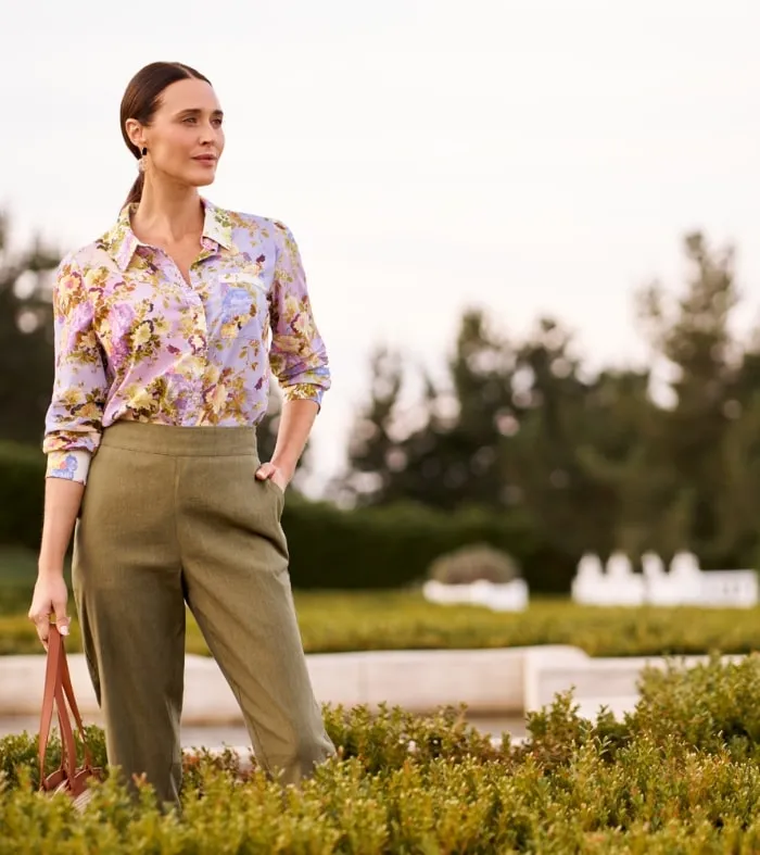 Beaded Mixed Print Shirt + 7/8 Tapered Pant + Woven Basket Tote