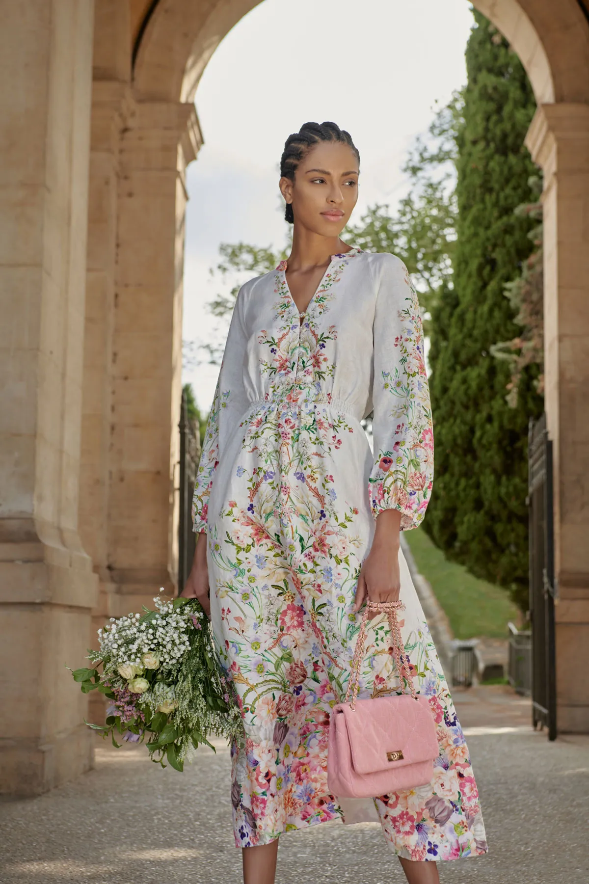 Border Print French Linen Dress