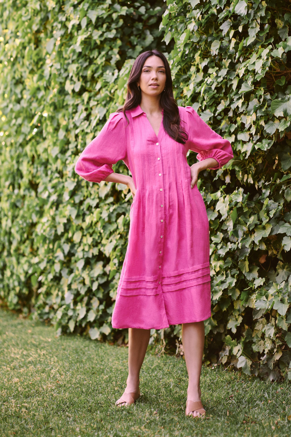 French Linen Puff Sleeve Dress