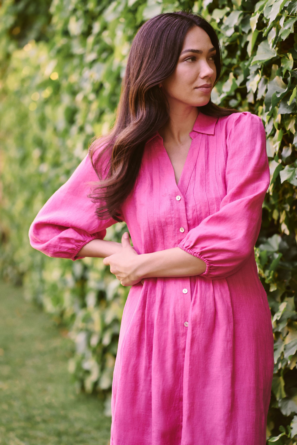 French Linen Puff Sleeve Dress