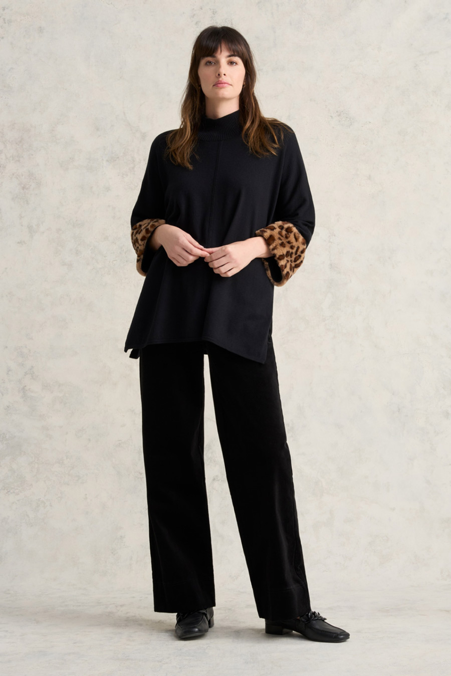 Leopard Faux Fur Trim Poncho