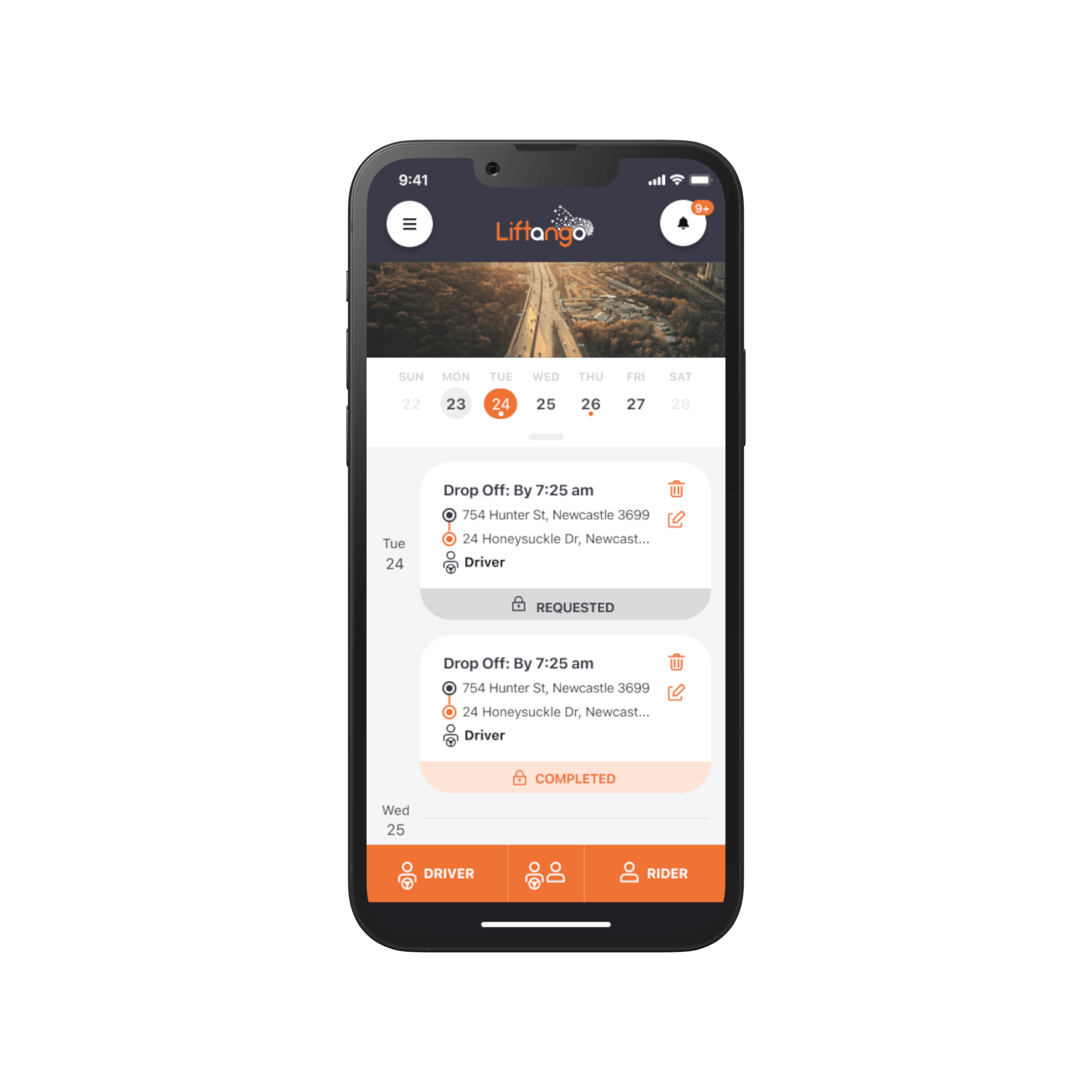 Smartphone showing Liftango app with carpool drop off details for Newcastle addresses and ride status.