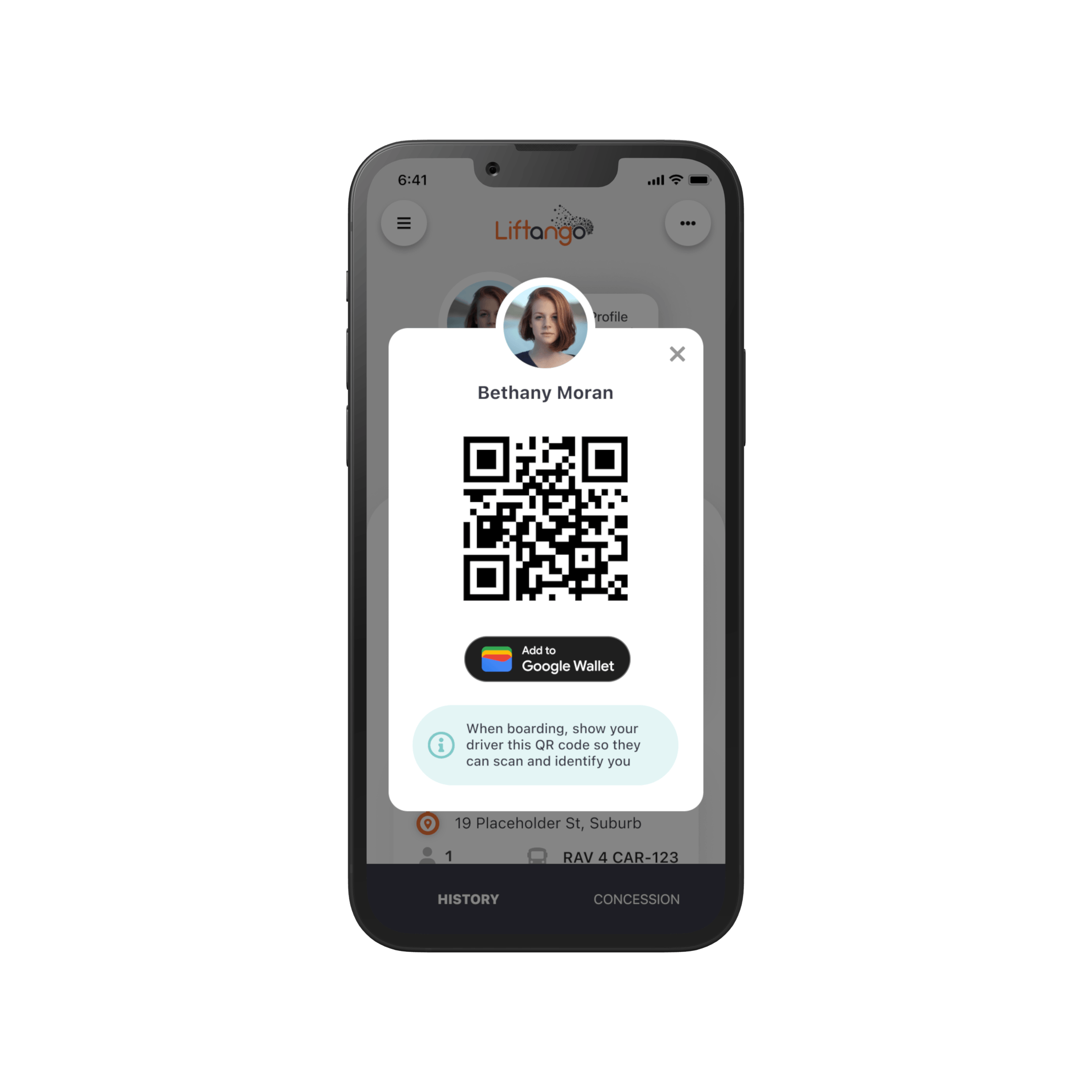 Smartphone screen showing a QR code for Bethany Moran with a photo and 'Add to Google Wallet' button.