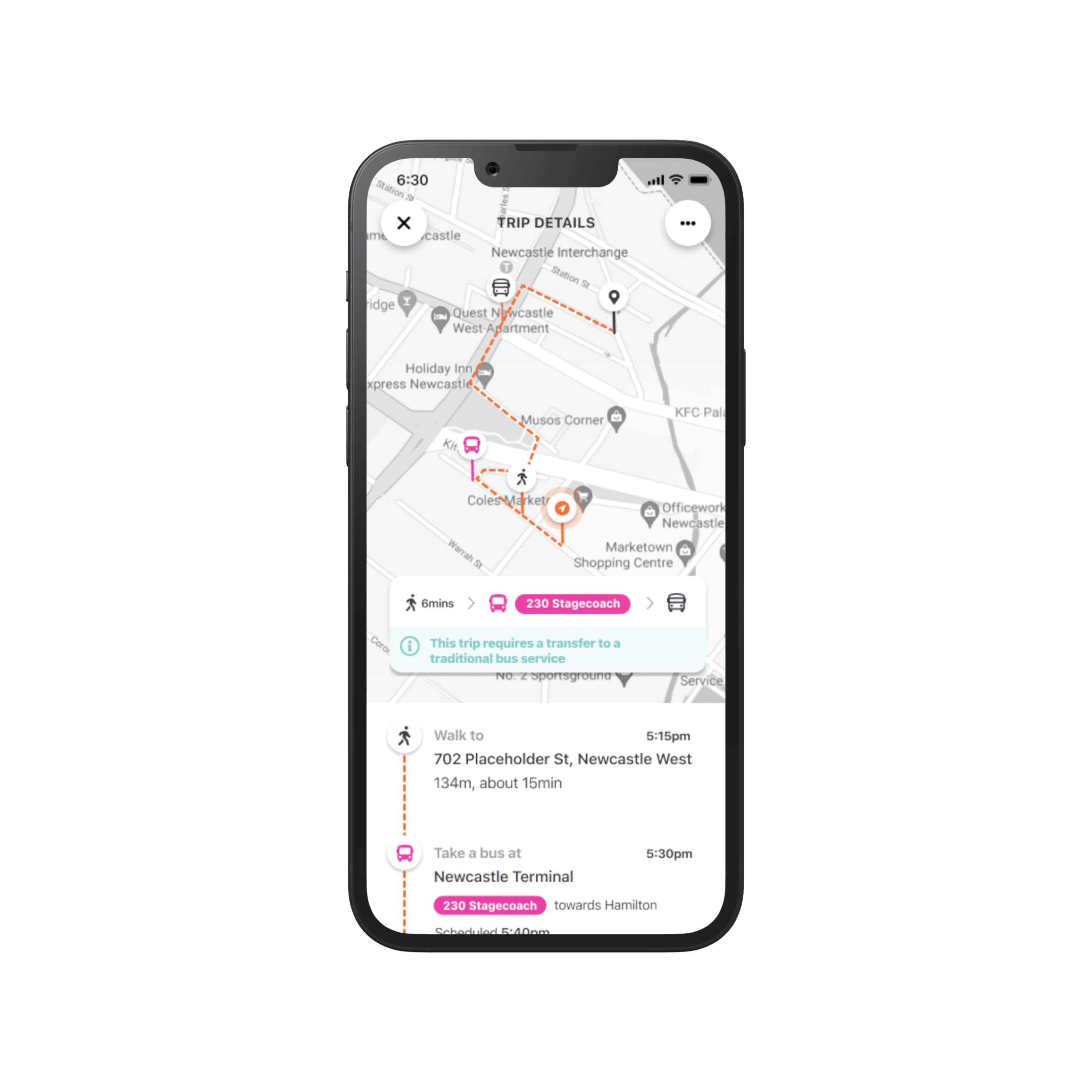 Smartphone showing transit route in Newcastle with walking and Stagecoach bus steps highlighted.