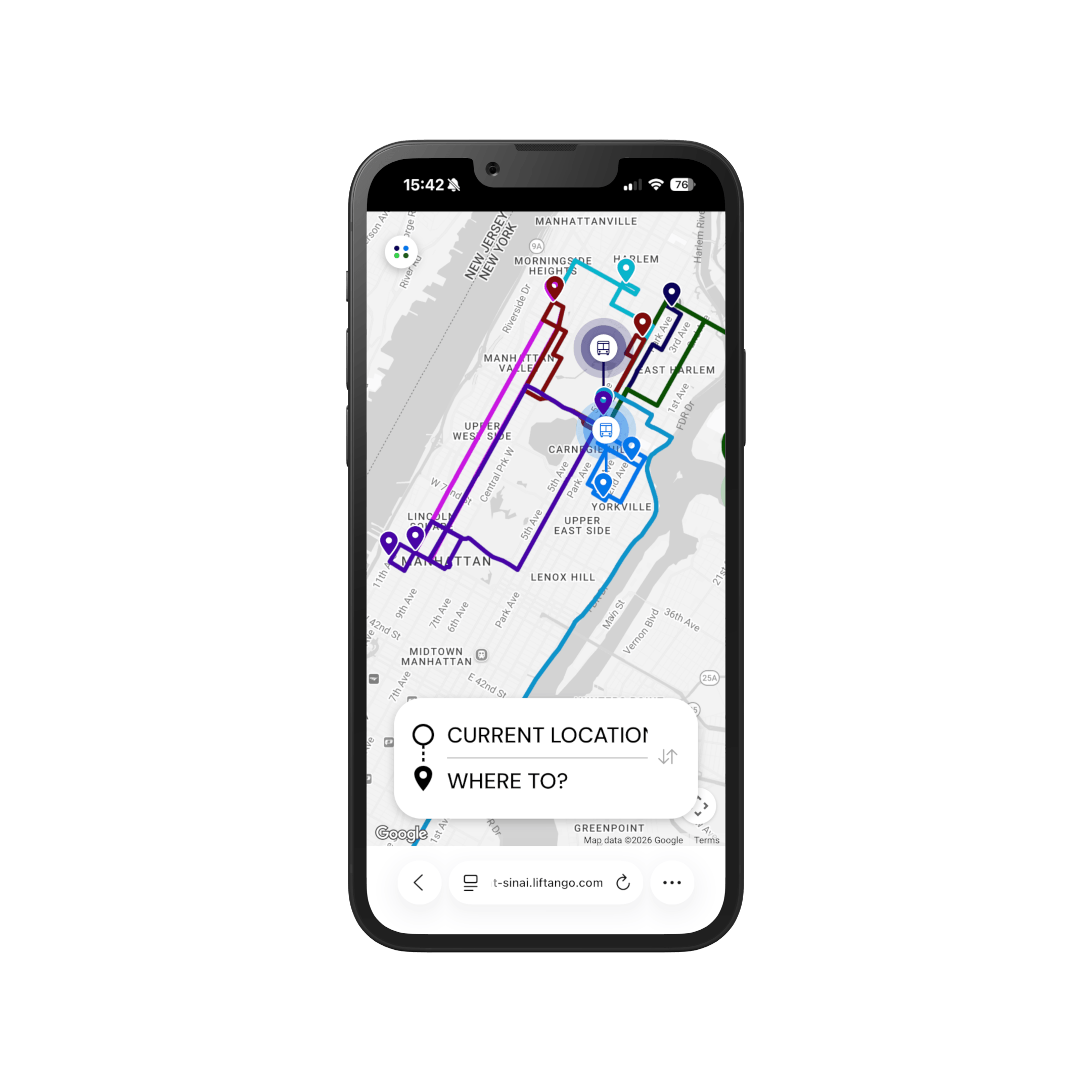 Smartphone screen showing a map with colored route lines and location pins in Manhattan, NYC.