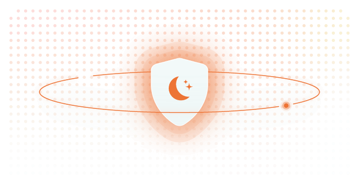 Shield emblem with moon and stars surrounded by circular orbit against dotted gradient background.