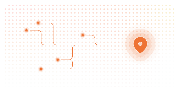 Orange dotted network diagram with location pin icon connected to five smaller orange nodes.