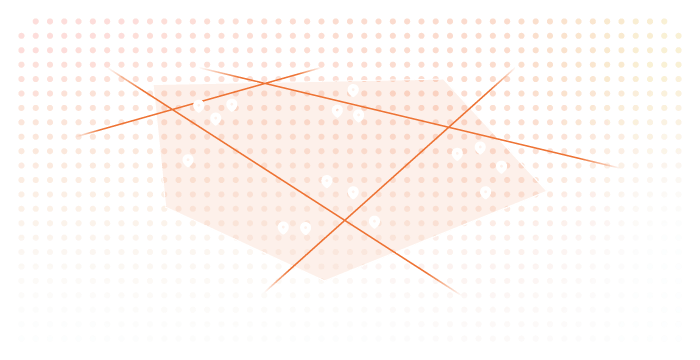 Orange polygon zone with white location markers on a red to yellow dotted gradient background.
