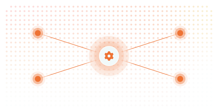 Central gear icon with four connected orange nodes on a gradient dotted background.