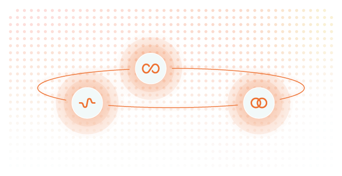 Orange abstract car shape with three white circles containing infinity, wave, and linked rings icons.