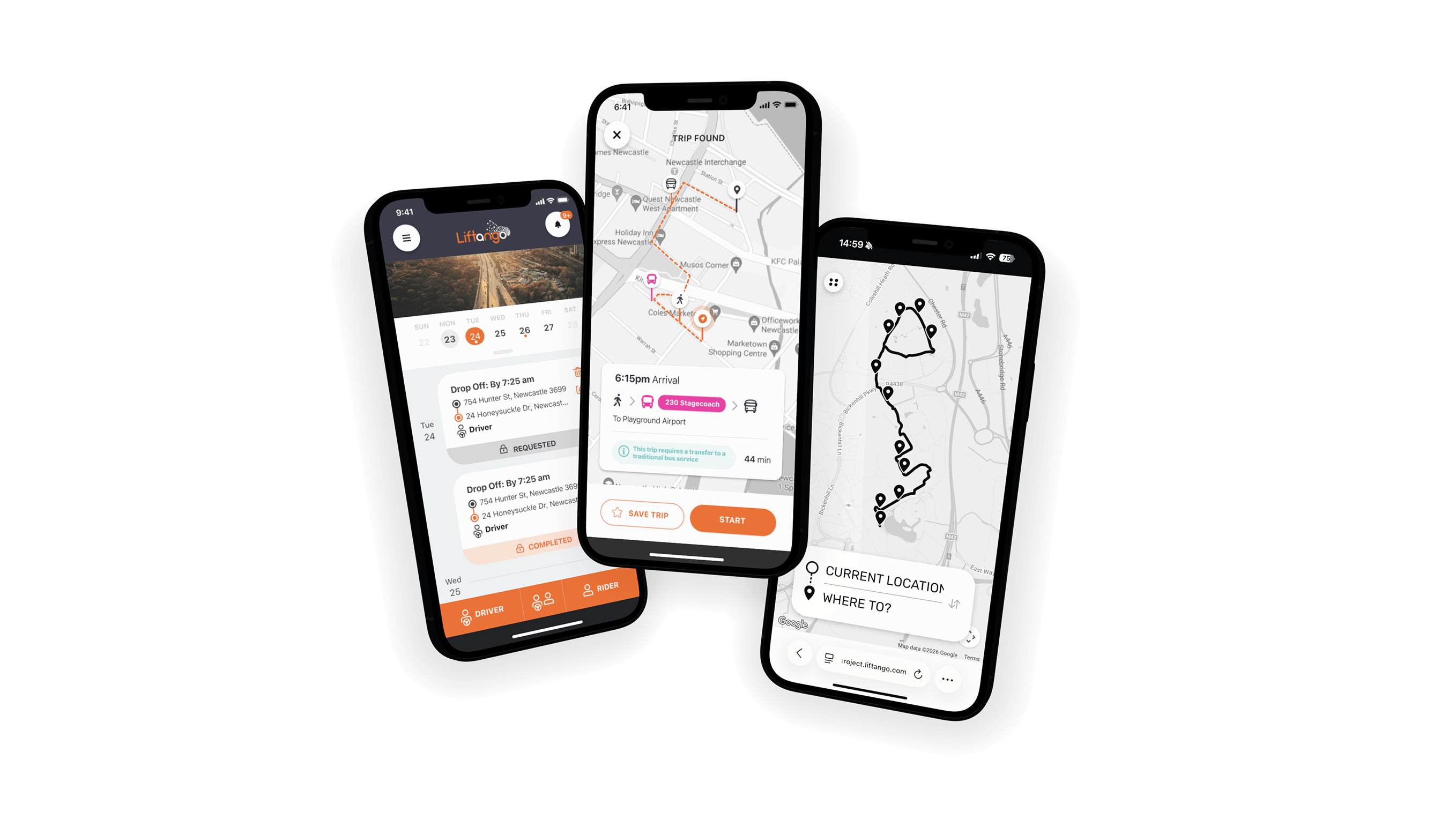 Three smartphones showing Liftango app screens with maps, trip details, and location routes.