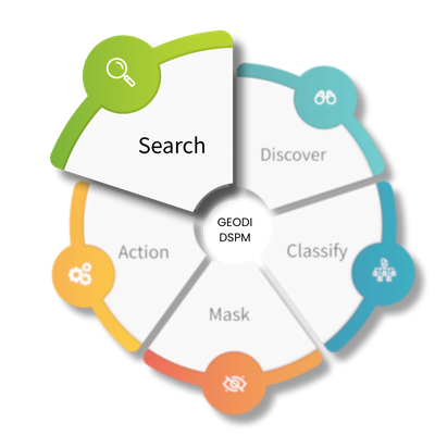 Circular diagram illustrating five stages labeled Search, Discover, Classify, Mask, and Action with associated icons.