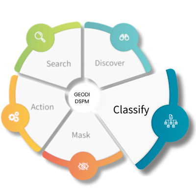 Circular diagram illustrating five stages labeled Search, Discover, Classify, Mask, and Action with associated icons.