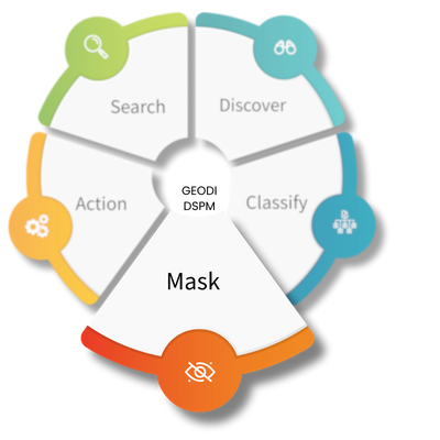 Circular diagram illustrating five stages labeled Search, Discover, Classify, Mask, and Action with associated icons.