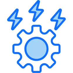 Blue gear icon with three blue lightning bolts above it symbolizing power or energy.