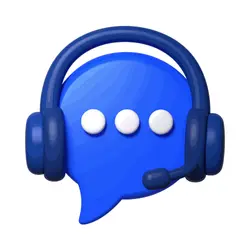 Blue speech bubble with three white dots wearing a dark blue headset with microphone.