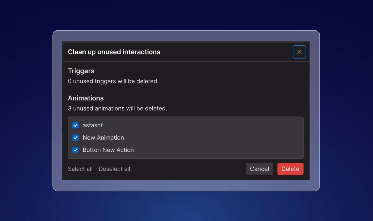Ungenutzte Animationen in Webflow aufräumen.