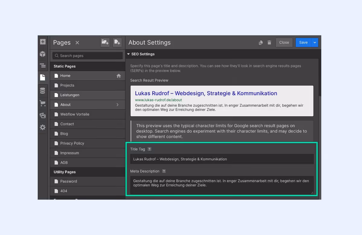 Webflow Meta Tilte und Meta Tags.