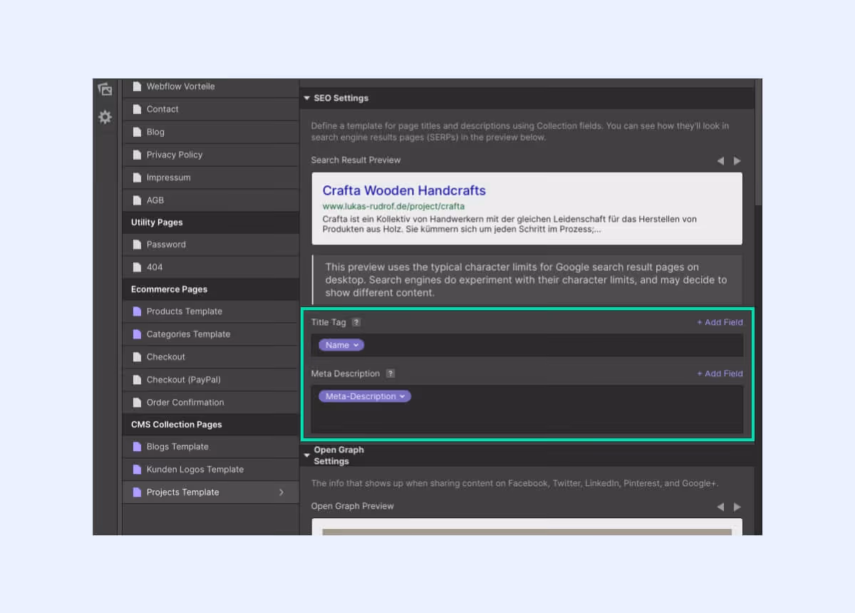 Webflow Meta Tag Einstellungen bei CMS Collections.
