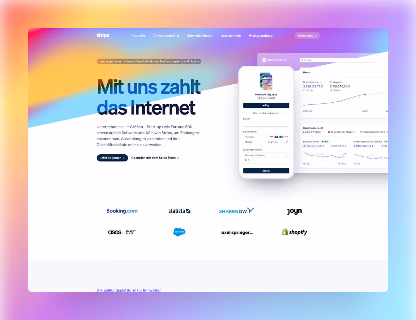 Website Screenshot of Stripe.com which shows the landing page.