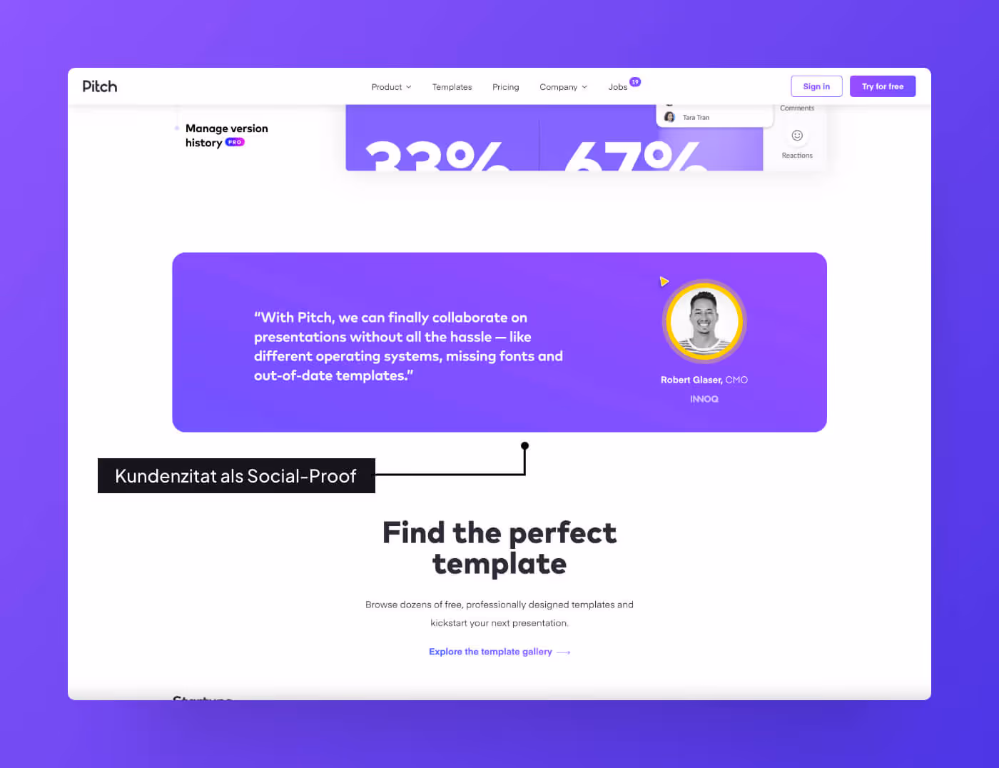 Website Screenshot of Pitch.com which shows a testimonial.