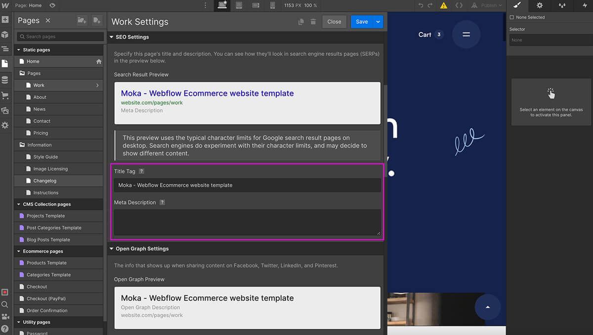 Detailansicht der SEO Einstellungen eines Webflow Temlates.
