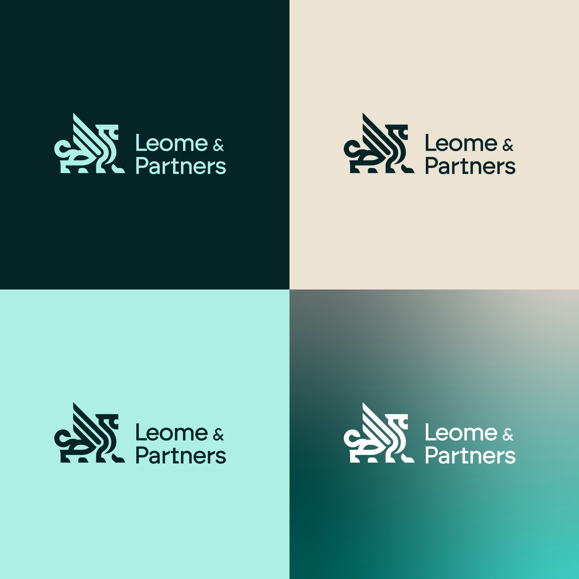 Viertes quadratisches Bild mit vier Variationen des Leome & Partners Logos: stilisierter geflügelter Löwe links vom Text 'Leome & Partners' in verschiedenen Farbkombinationen und Hintergründen.