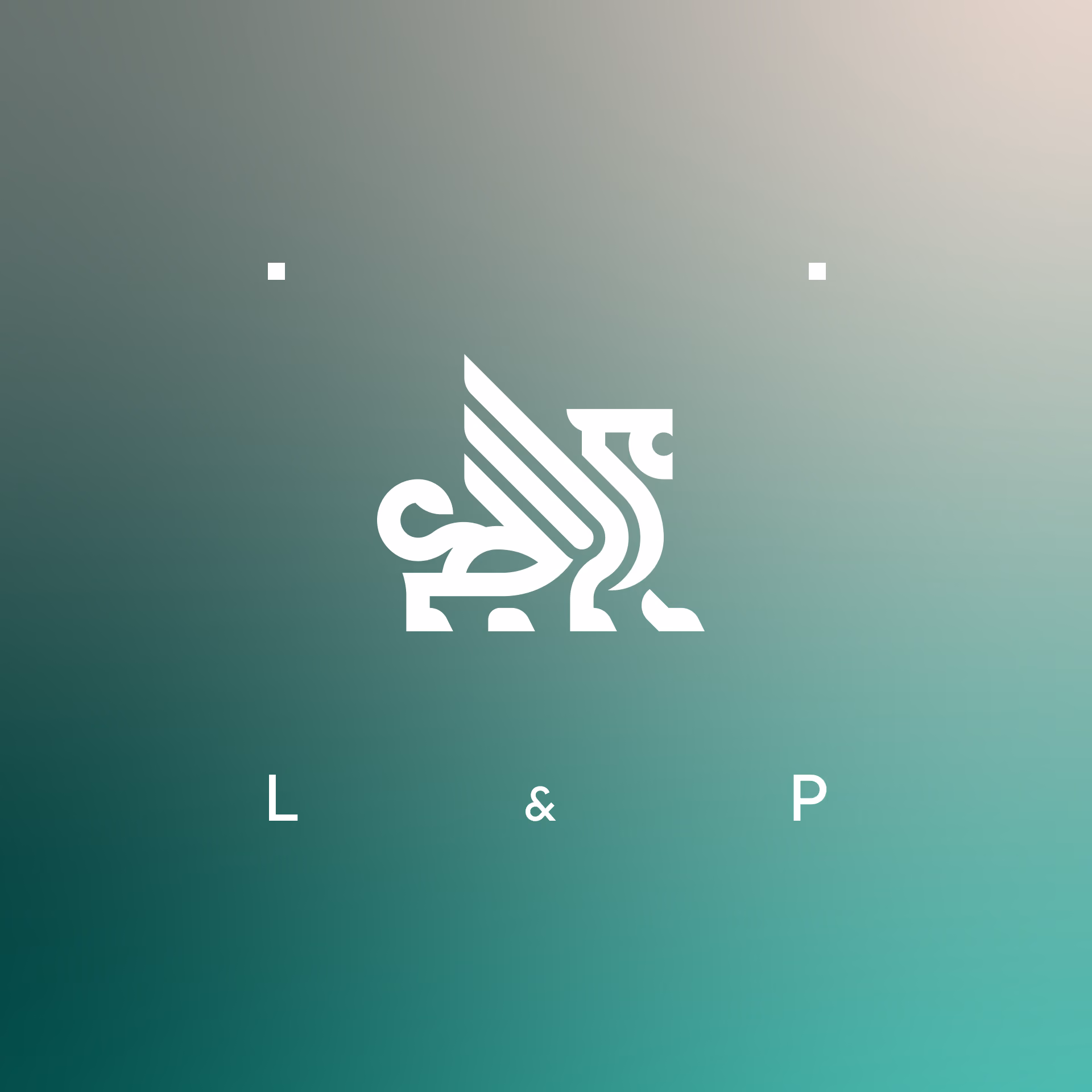 Weißes Logo eines Löwen Signets mit den Buchstaben L & P auf einem grünen Farbverlauf.