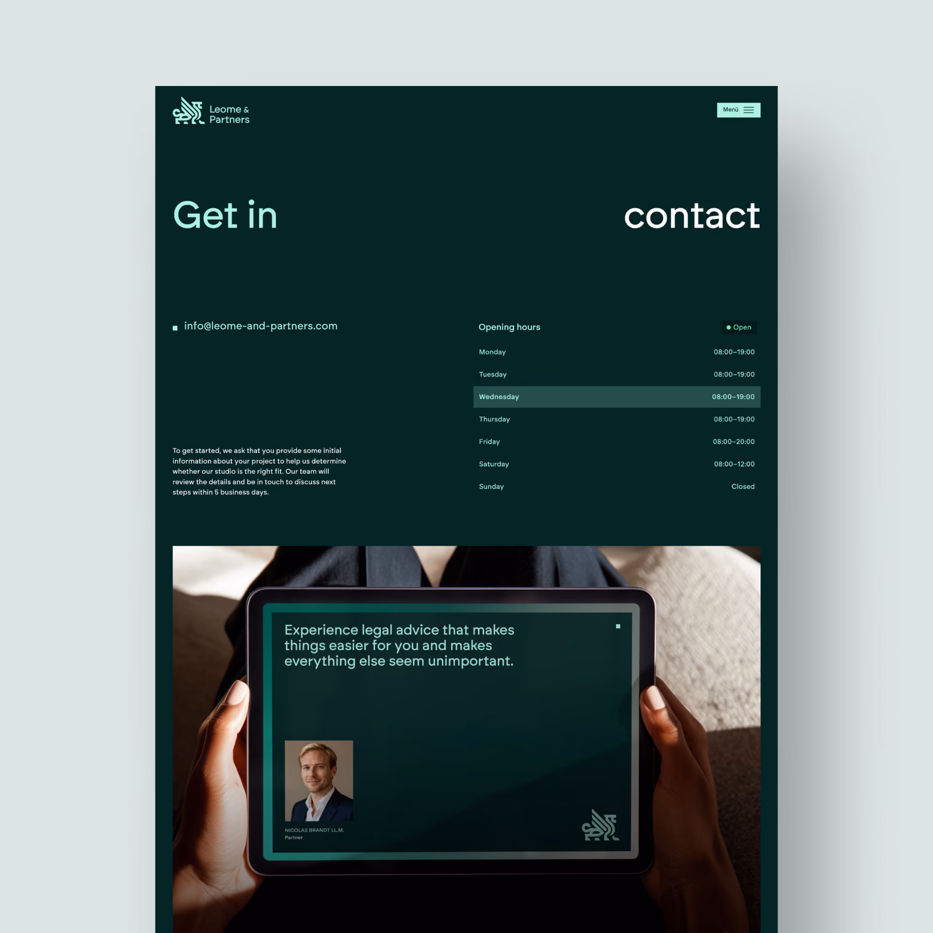 Webdesign der Kontaktseite von Leome & Partners.
