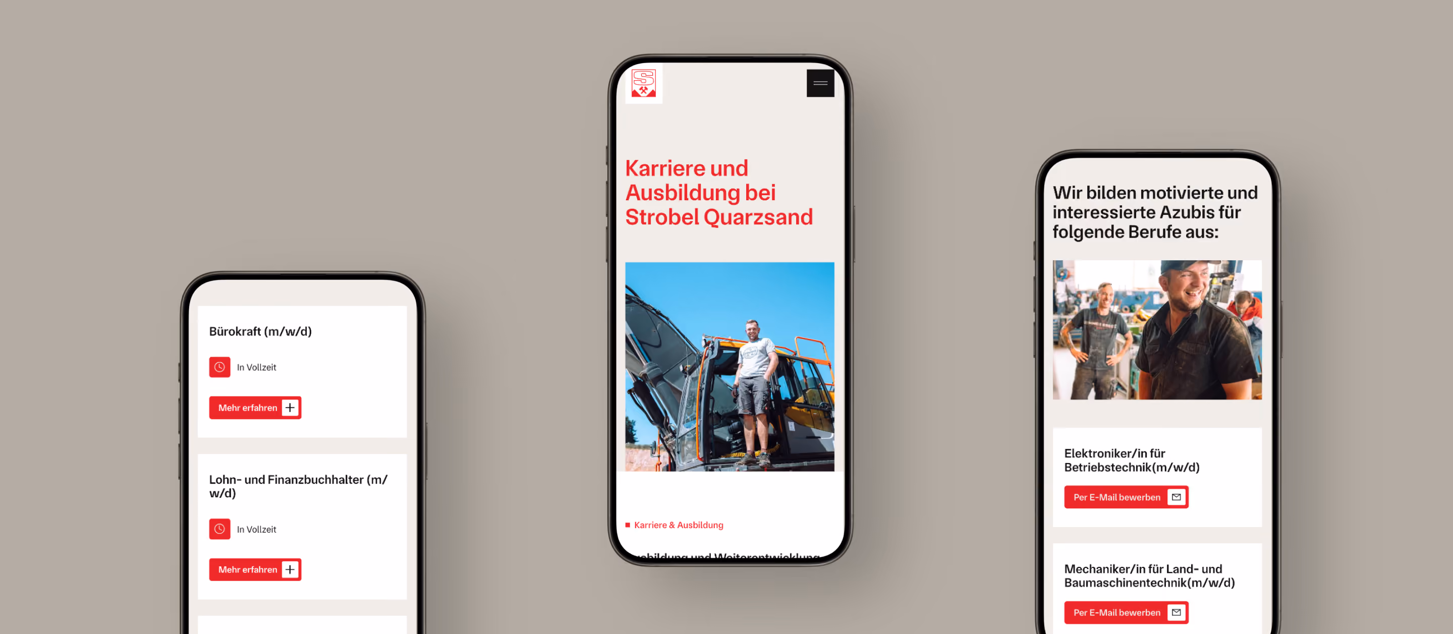 3 iPhone Mockups zeigen die Karriere und Unternehmensseite mit Stellenanzeigen.