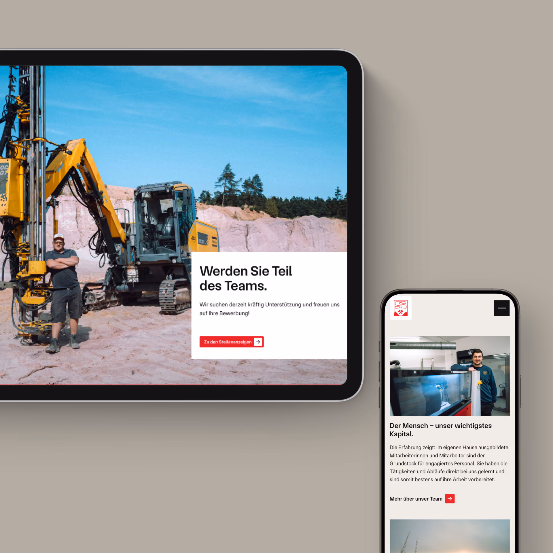 iPhone und Tablet zeigen eine Website Vorschau zum Thema Quarzsand.