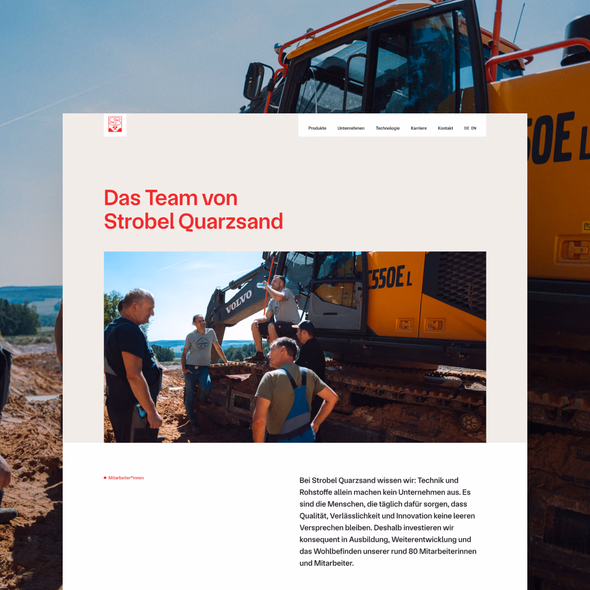Eine Webdesign Vorschau mit dem Titel "Das Team von Strobel Quarzsand" und einem Bild mehrerer Personen die um einen Bagger stehen.