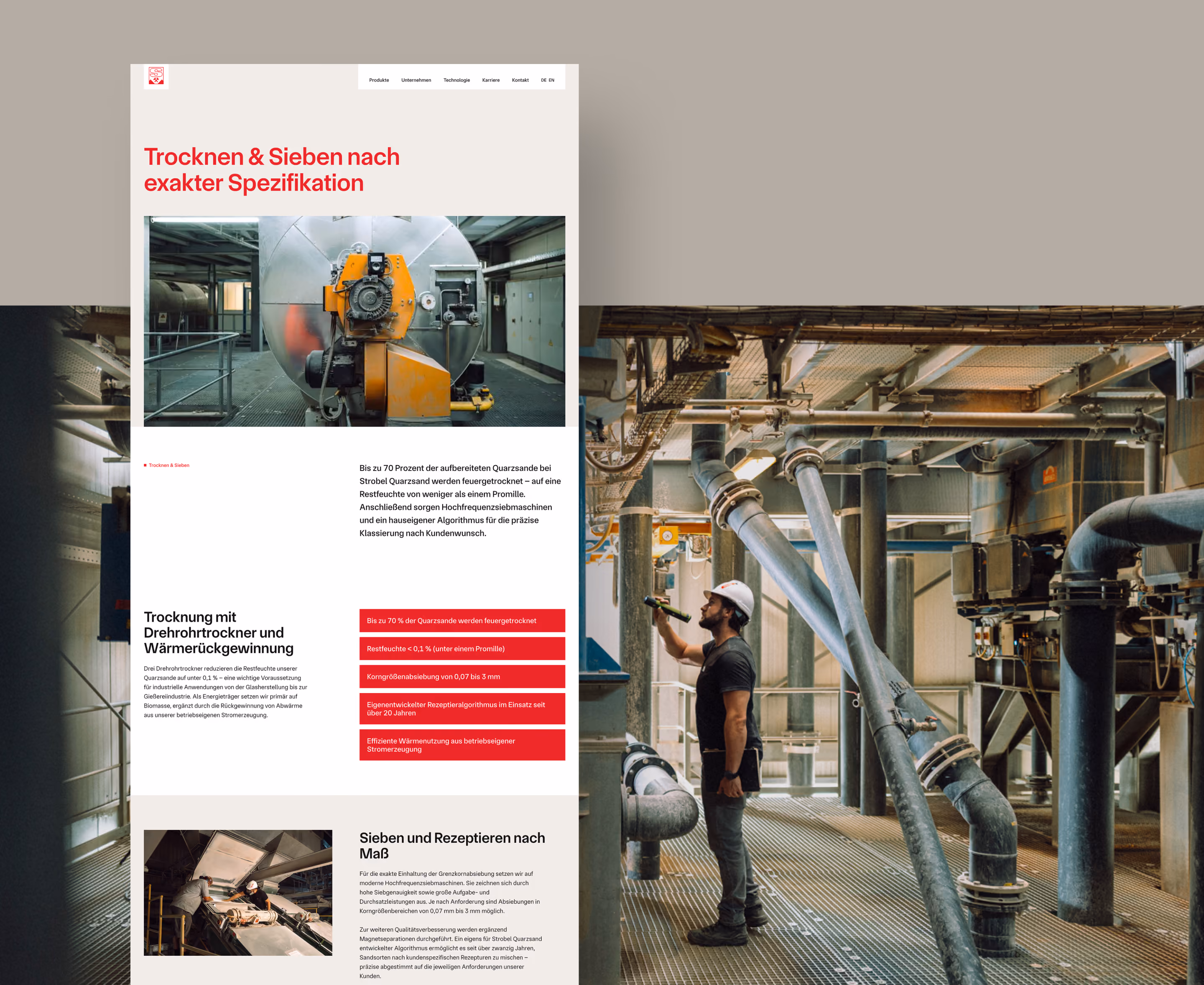Industrielle Produktionshalle mit komplexen Metallrohren und strukturierter Decke, in der ein Mann mit Schutzhelm eine Apparatur inspiziert oder bedient.