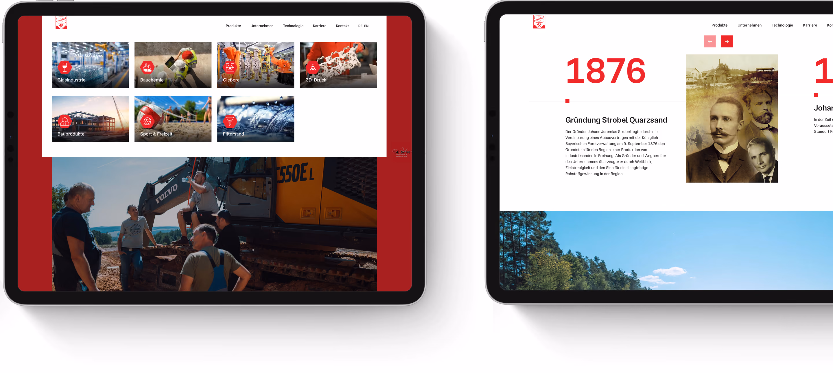 Zwei Tablets zeigen ein Desktop-Menü und einen Zeitstrahl Slider der Website Strobel Quarzsand.