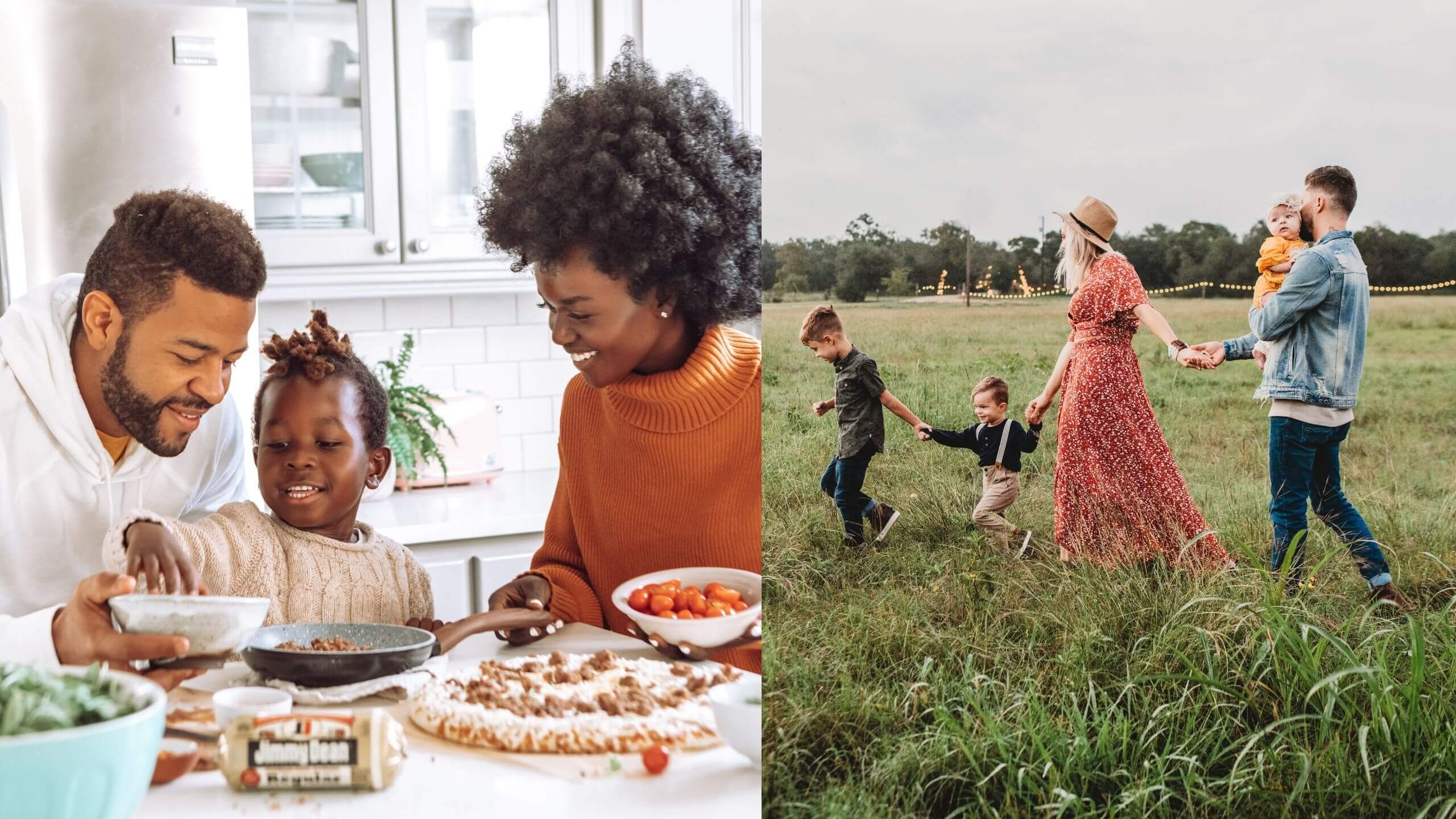 Two photos, on the left a family of three sitting around a table cooking together. On the right, a family of five running through a grassy field.