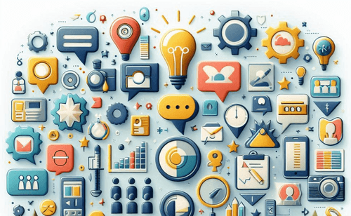 Collage of charts, tables, lightbulbs and speech bubbles.