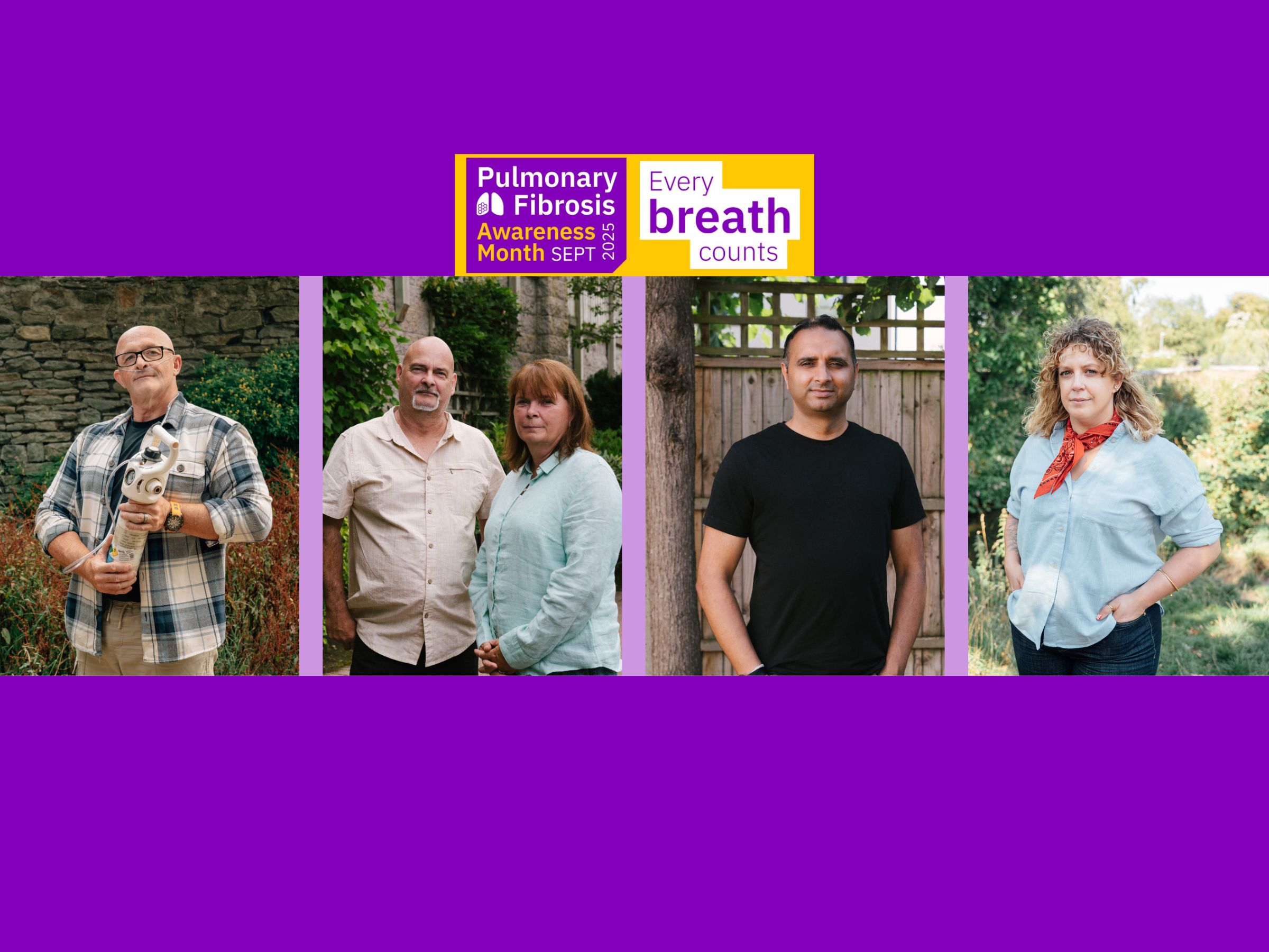 An image with 4 photos - people who feature in the Pulmonary Fibrosis Awareness Month campaign