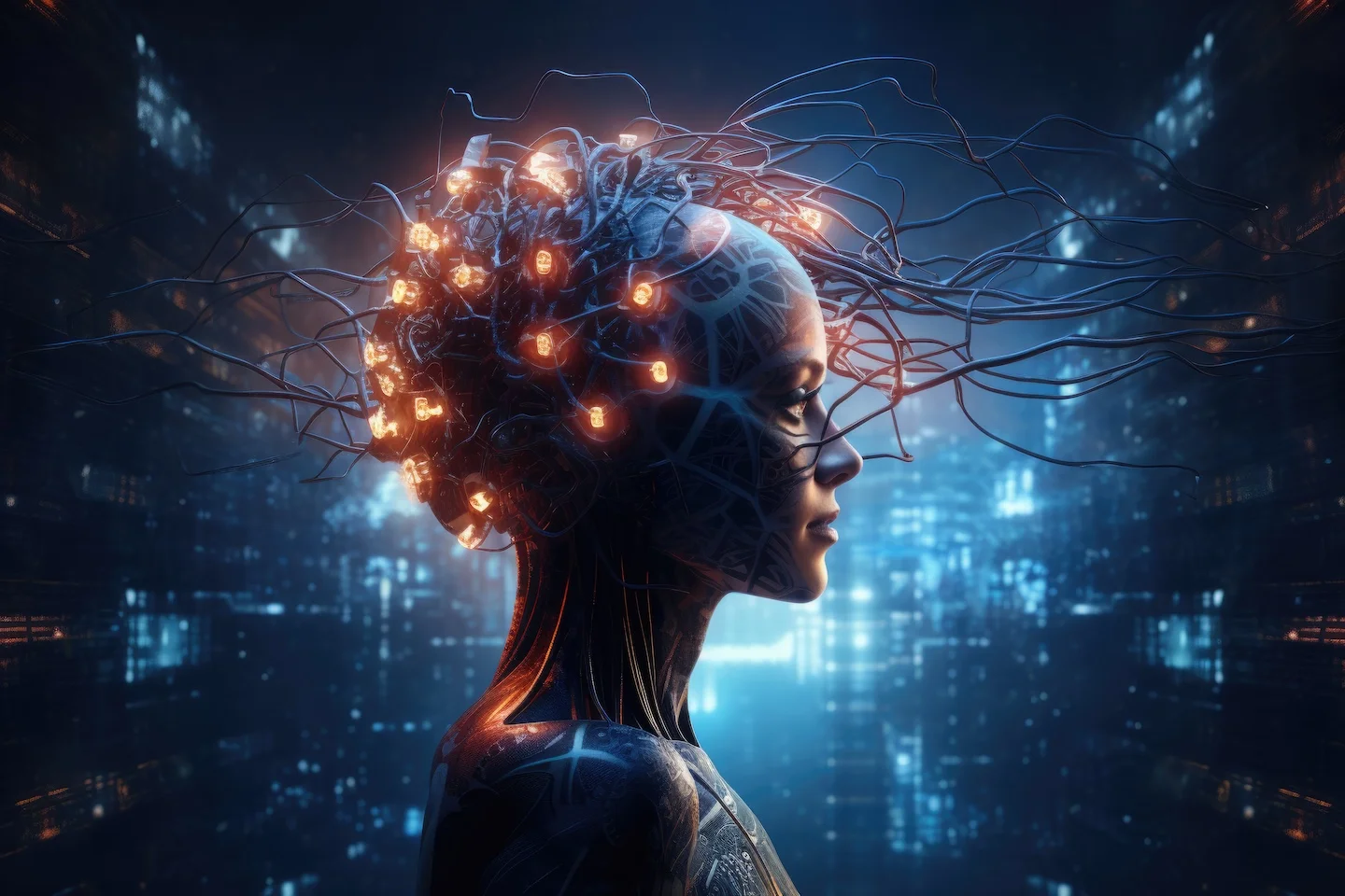 Artificial intelligence head image with glowing brain connections