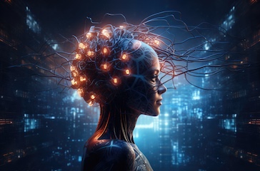 Artificial intelligence head image with glowing brain connections